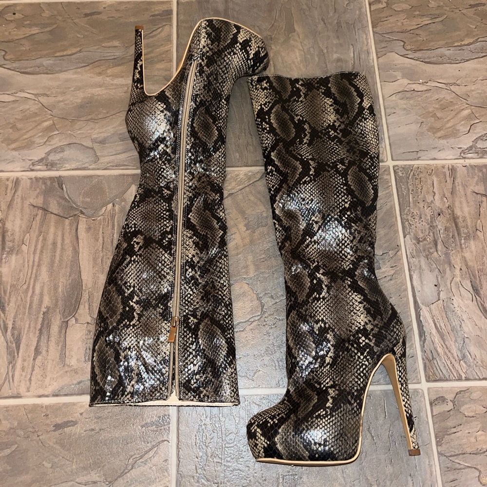 Snake print high heel boots